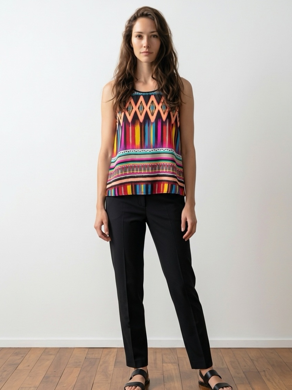 Joy Joy Multi Vibrant Colored Geometric Print Sleeveless High Low Top